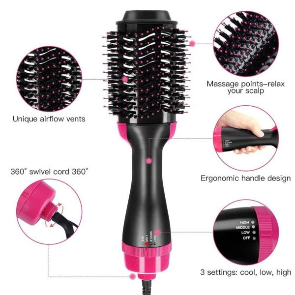 1 Pc Multifunctional Hot Air Comb,4-In-1 Hot Air CombHair Dryer, For Hair Curler & Straightener, Puffy Hairstyling,One-Step Volumizer Hair Dryer And Styler,Less Frizz, More Shine And Less Heat Damage For Salon-Style Blowouts Black/Pink