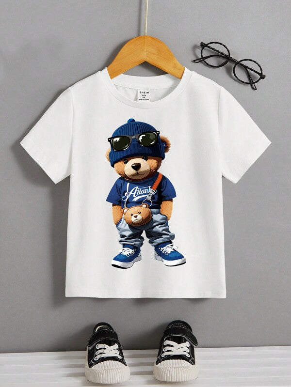 SHEIN Young Boy Casual Cartoon Bear Pattern Short Sleeve Round Neck T-Shirt, Suitable For Summer