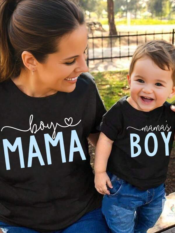 Young Boy Casual Letter Printed Round Neck Short Sleeve T-Shirt / Mommy And Me Matching Outfits (The 2 Pieces Are Sold Separately)