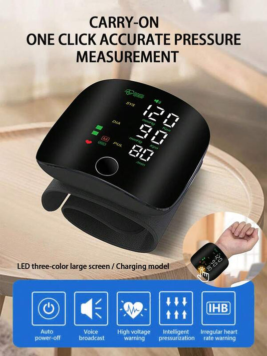 1pc Portable Wrist Blood Pressure Monitor, High-Precision One-Touch Measurement Of Heart Rate, Pulse, And Blood Pressure With Intelligent Touch Control, High-Definition Large Screen Display, Voice Broadcast, With Carrying Case, Convenient For Travel, Home