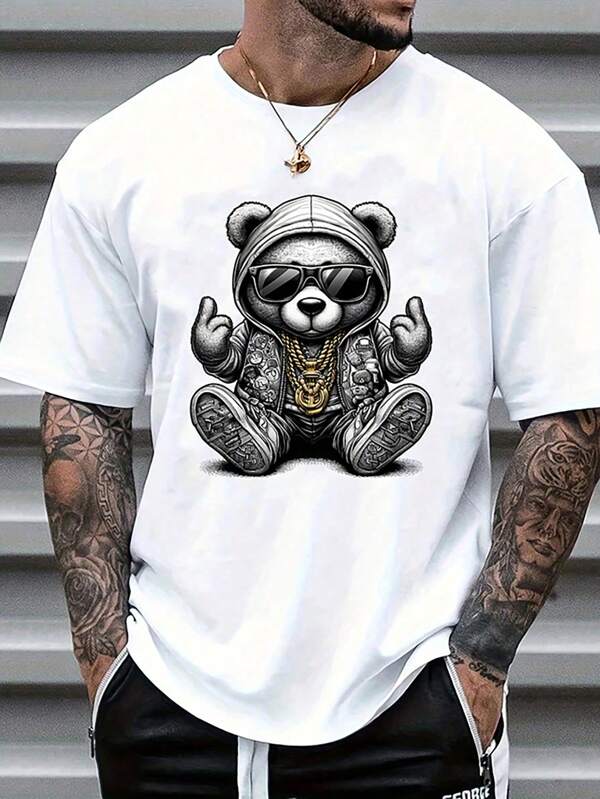 Men's Casual Cartoon Bear Print Round Neck Short Sleeve T-Shirt, Summer