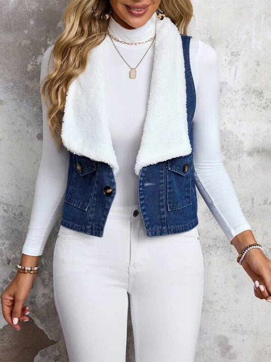 EMERY ROSE 1pc Removable Fluffy Collar Sleeveless Blue Jacket Thickened Denim